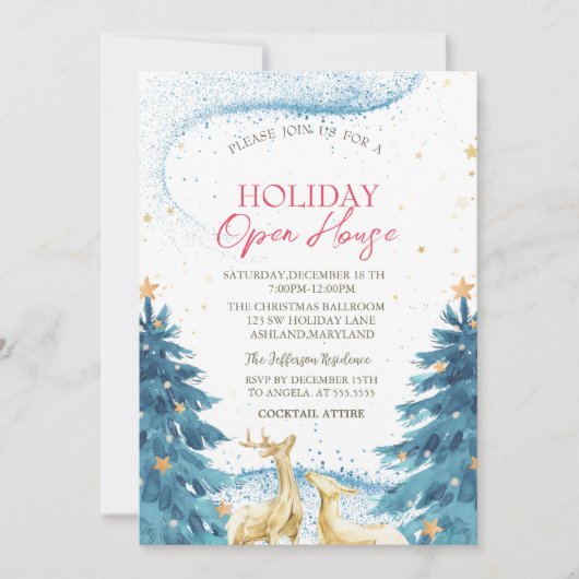 Blauwe dennenbomen Rendieren Holiday Open House Kaart (Voorkant)