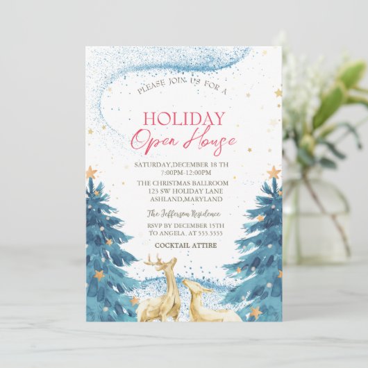 Blauwe dennenbomen Rendieren Holiday Open House Kaart (Staand voorkant)