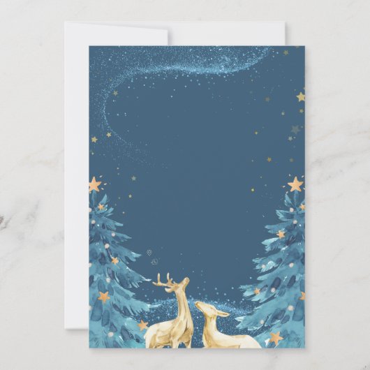 Blauwe dennenbomen Rendieren Holiday Open House Kaart (Achterkant)
