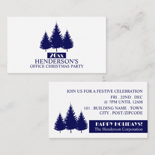 Blauwe dennenboom silhouetten, Kerst Party Ticket Informatiekaartje (Voorkant / Achterkant)
