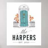 Blauwe deur | Afdrukken persoonlijke familienaam Poster (Voorkant)