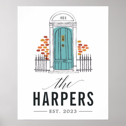 Blauwe deur | Afdrukken persoonlijke familienaam Poster (Voorkant)