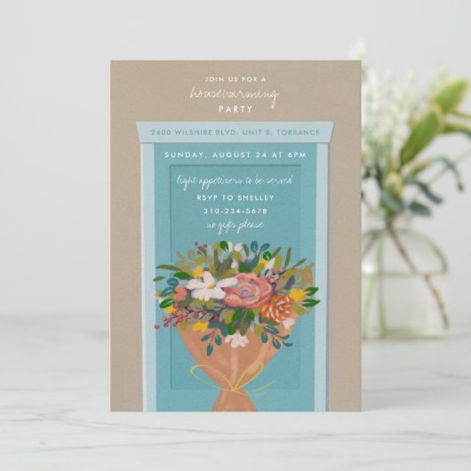 Blauwe deur Housewarming Party geïllustreerd Kaart (Staand voorkant)