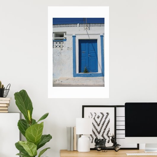 Blauwe deur in Santorini Poster (Thuiskantoor)
