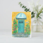 Blauwe deur Mosterd Geel Bewegende Aankondiging Briefkaart (Staand voorkant)