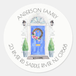 Blauwe deur Nieuwe sticker van label voor thuisa