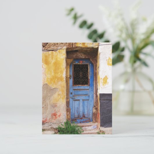 Blauwe deur op het Griekse eiland Mykonos Briefkaart (Staand voorkant)