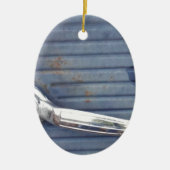  blauwe deur, zilverhandje keramisch ornament (Voorkant)