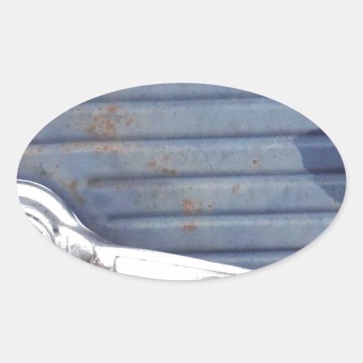 blauwe deur, zilverhandje ovale sticker (Voorkant)