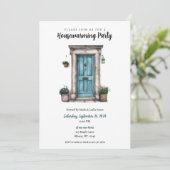 Blauwe Deurillustratie Housewarming Party Kaart (Staand voorkant)