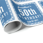 BLAUWE DIAGONALE PLAID 50e verjaardag Z07L Cadeaupapier (Rol Hoek)