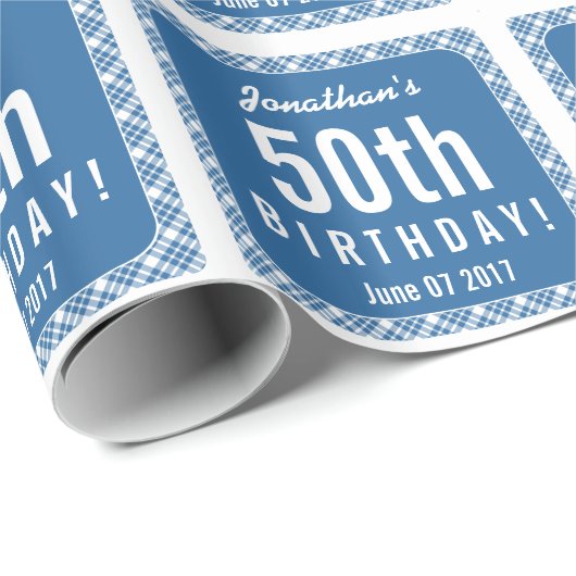 BLAUWE DIAGONALE PLAID 50e verjaardag Z07L Cadeaupapier (Rol Hoek)