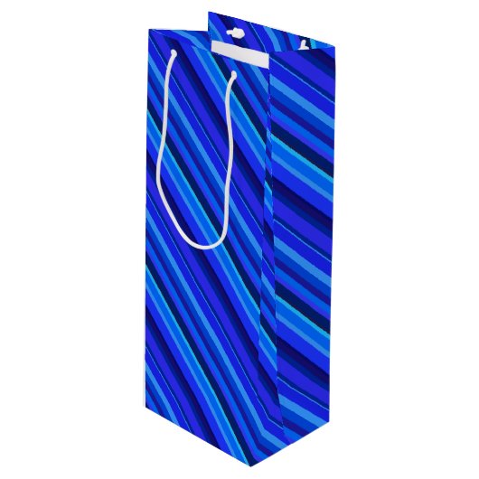 Blauwe diagonale strepen wijn cadeautas (Voorkant Gekanteld)