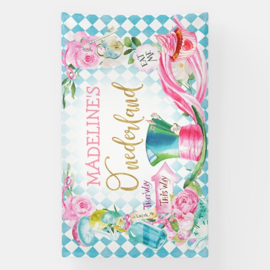 Blauwe Diamant 6x10 Alice Onederland Verjaardagsba Spandoek (Verticaal)