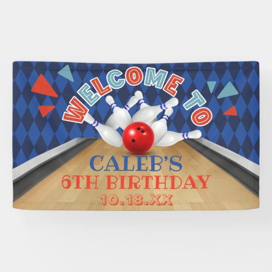 Blauwe Diamant Streep Laat Slaan Bowling Verjaarda Spandoek (Horizontaal)