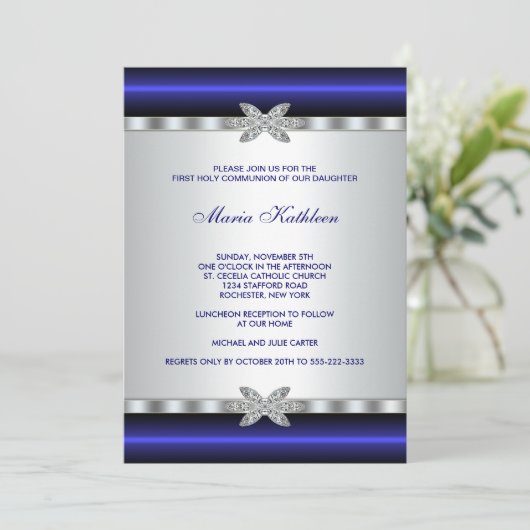 Blauwe Diamant Witte Meisjes Eerste Communie Kaart (Staand voorkant)