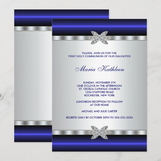 Blauwe Diamant Witte Meisjes Eerste Communie Kaart (Voorkant / Achterkant)