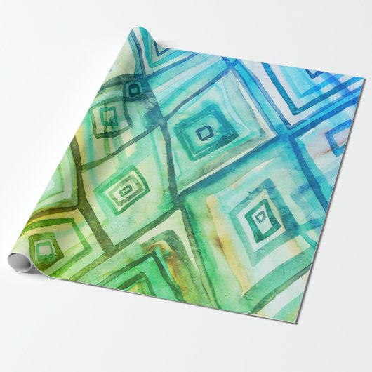 Blauwe diamanten boho geometrische waterverf cadea cadeaupapier (Uitgerold)