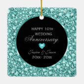 Blauwe diamanten en zwart damast 10e Jubileum Keramisch Ornament (Achterkant)