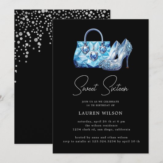 blauwe diamanten glitter zoet zestien verjaardag kaart (Voorkant / Achterkant)