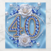 Blauwe diamanten parels en witte roos 40e verjaard wijn etiket (Enkel label)