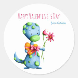 Blauwe Dinosaur Kinder School Class Valentijnsdag  Ronde Sticker