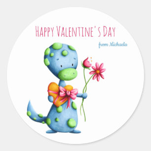 Blauwe Dinosaur Kinder School Class Valentijnsdag Ronde Sticker