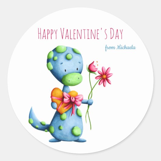 Blauwe Dinosaur Kinder School Class Valentijnsdag Ronde Sticker (Voorkant)