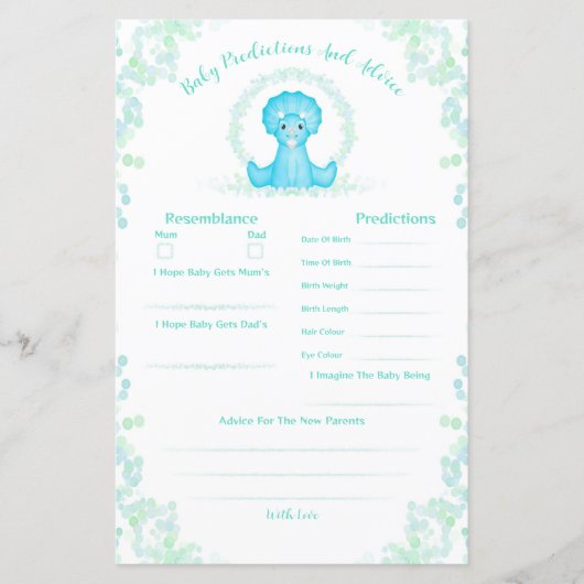 Blauwe Dinosaurus Baby Shower Voorspellingen en Ad (Voorkant)