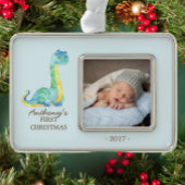 Blauwe Dinosaurus Baby's 1e Kerstmis Foto Ornament