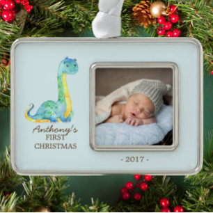 Blauwe Dinosaurus Baby's 1e Kerstmis Foto Ornament