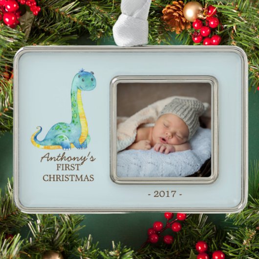 Blauwe Dinosaurus Baby's 1e Kerstmis Foto Ornament