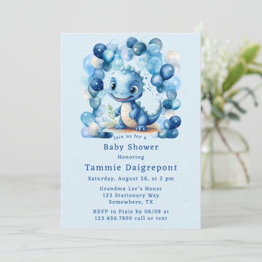 Blauwe Dinosaurus & Ballonnen Jongen Baby shower Kaart (Staand voorkant)