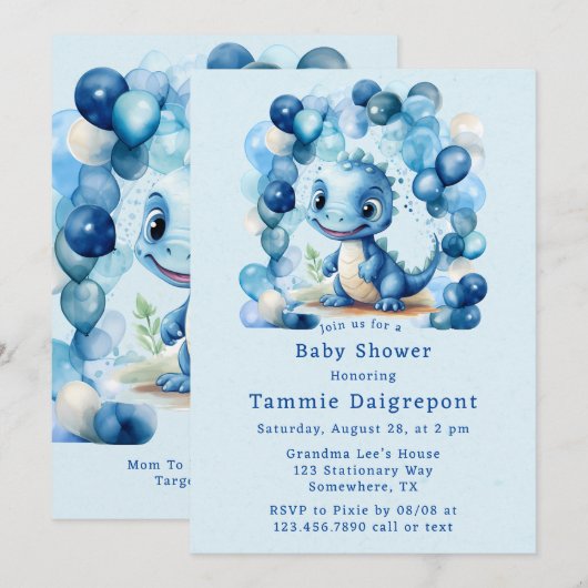 Blauwe Dinosaurus & Ballonnen Jongen Baby shower Kaart (Voorkant / Achterkant)