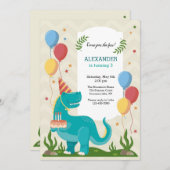 Blauwe dinosaurus Birthday Party Kaart (Voorkant / Achterkant)