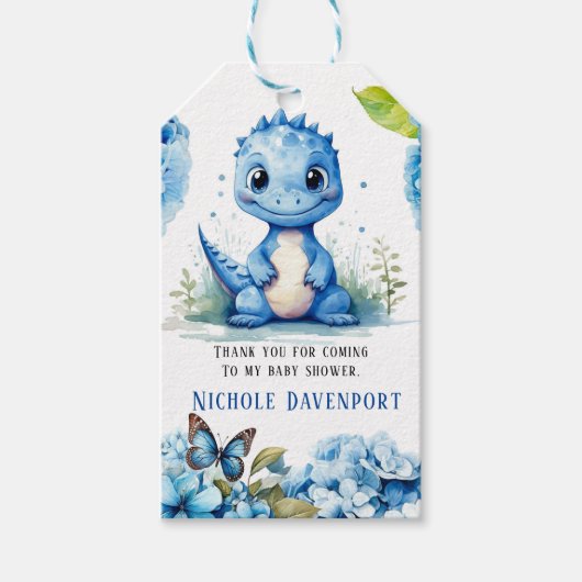 Blauwe Dinosaurus Bloemen Jongen Baby shower Dank  Cadeaulabel (Voorkant)