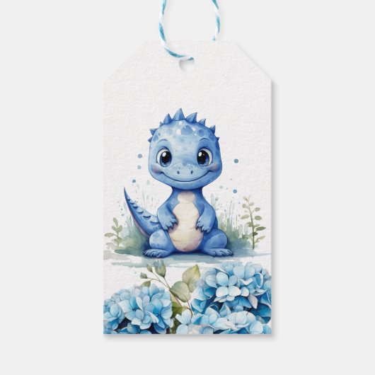 Blauwe Dinosaurus Bloemen Jongen Baby shower Dank  Cadeaulabel (Achterkant)
