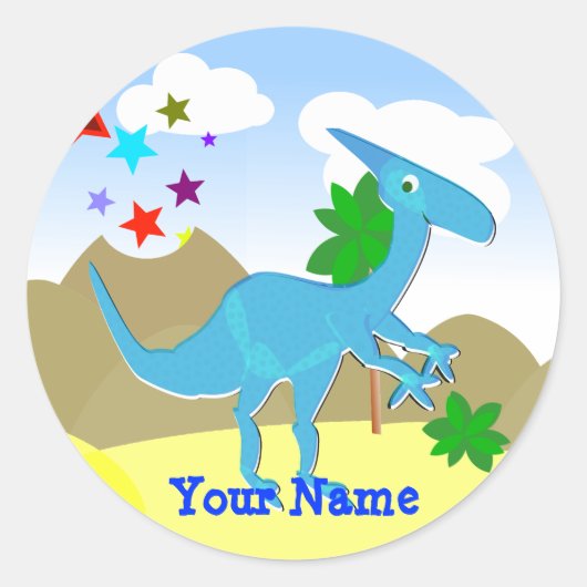 Blauwe Dinosaurus Cartoon Naam Sticker (Voorkant)