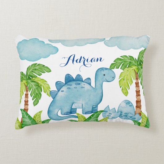 Blauwe dinosaurus gepersonaliseerde baby naam kuss accent kussen (Voorkant)