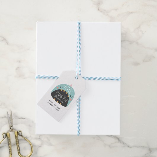 Blauwe dinosaurus. Jongen verjaardag dank je. Kind Cadeaulabel (Met Touw)