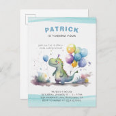 Blauwe Dinosaurus Jongen Waterverf Verjaardag Uitnodiging Briefkaart (Voorkant / Achterkant)