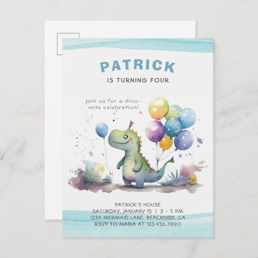 Blauwe Dinosaurus Jongen Waterverf Verjaardag Uitnodiging Briefkaart (Voorkant / Achterkant)