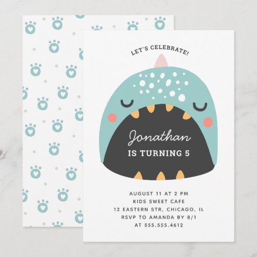 Blauwe dinosaurus. Kinder grappige dino. Baby-jari Kaart (Voorkant / Achterkant)