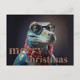 Blauwe dinosaurus met bril kerst sjaal feestdagenkaart