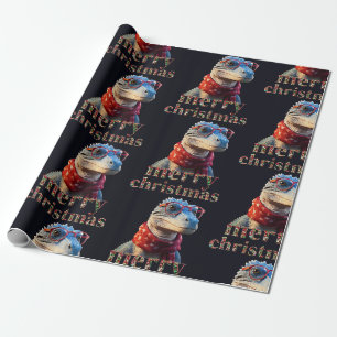 Blauwe dinosaurus met een kerstsjaal cadeaupapier