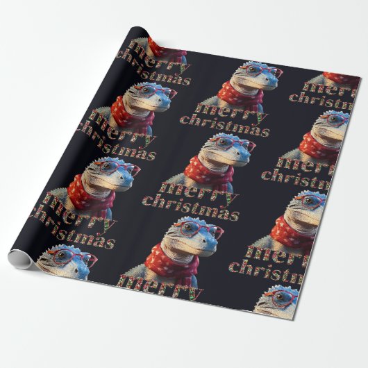 Blauwe dinosaurus met een kerstsjaal cadeaupapier (Uitgerold)