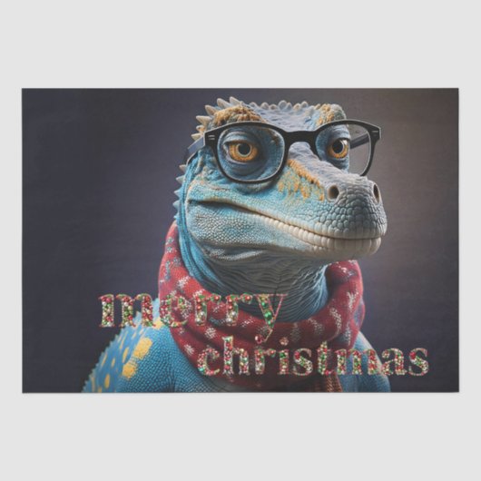 Blauwe dinosaurus met een kerstsjaal tissuepapier (Voorkant)
