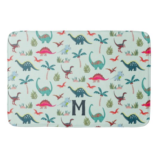 Blauwe Dinosaurus Monogram Kinderen Badkamer Badma Badmat (Voorkant)