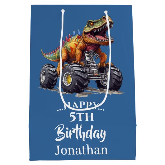 Blauwe Dinosaurus T-Rex Monster Truck, Medium Cadeauzakje (Achterkant)