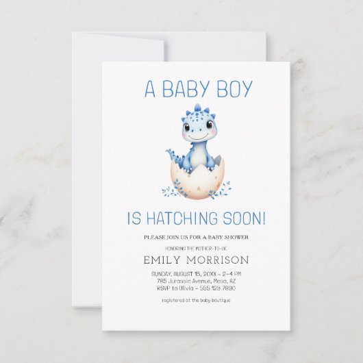 Blauwe Dinosaurus Uitkomen Binnenkort Baby Boy Sho Kaart (Voorkant)